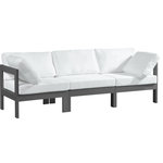 Meridian Furniture - Nizuc Water Resistant Patio Modular Straight Sofa, White, 3-Piece: 1 Armless Chair, 2 Corner Chair, Dark Gray Aluminum Frame - Pick and choose your favorites from the Nizuc collection to create a modular seating group the whole gang will enjoy. The sturdy aluminum frame provides dependable support for friends and family as they relax and unwind, and the resilient white water resistant fabric stands up to the elements without losing its beautiful demeanor, so you can count on it lasting for the long haul. Latches beneath these seating pieces help you easily attach them to one another for convenient setup.