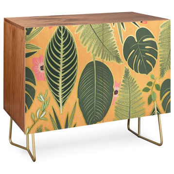 Deny Designs Florals Tropical Leaves Credenza, Walnut, Gold Steel Legs