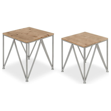 Set of 2 Modern End Table, Hairpin Style Legs & Square Top, Silver/Rustic Brown
