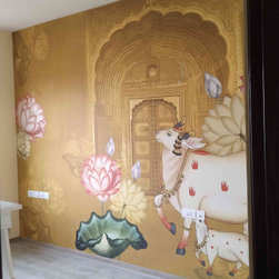 Pichwai Style Wallpaper for Lobby and Temple Walls, Yellow - Wallpaper