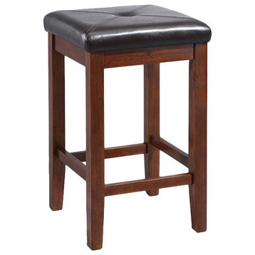 Upholstered Square Seat Barstool, Vintage Mahogany, 24" Seat Height, Set of 2