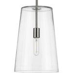 Progress Lighting - Clarion Collection Brushed Nickel 1-Light Medium Pendant - Who says you have to sacrifice forms for function? This versatile pendant features a simple, clear glass shade that embraces minimalist modernity and functional task lighting. The glass shade rests at the end of a sleek brushed nickel bar that attaches to the ceiling. Each light fixture has a swivel at its base that makes it perfect for installing on flat or angled ceilings.
