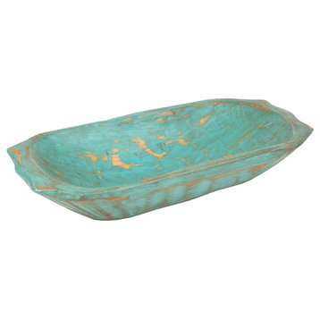 Deep Wooden Farmhouse Dough Bowl With Handles, Turquoise