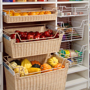 Contemporary kitchen pantry ideas - Example of a trendy porcelain floor kitchen pantry design in Orlando with open cabinets, white cabinets and white backsplash