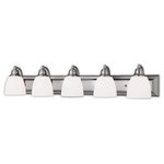 Livex Lighting - Springfield 5-Light Bath Vanity, Brushed Nickel - Bring a beautiful new look to your bathroom or vanity area with this charming five light bath fixture. A wide rectangular backplate in brushed nickel finish supports three simple arms that hold three glass shades in hand blown satin opal white glass.