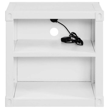 Industrial Nightstand, Cargo Design With Open Shelves, USB Charging Port, White