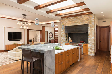 Inspiration for a large contemporary open plan kitchen in San Diego with flat-panel cabinets, granite benchtops, stainless steel appliances, with island, dark hardwood floors, brown floor and medium wood cabinets.