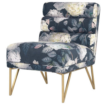Elegant Armless Accent Chair, Cushioned Seat With Channel Tufted Back, Floral