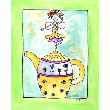 Purple Flower Teapot Fairy, Ready To Hang Canvas Kid's Wall Decor, 11 X 14