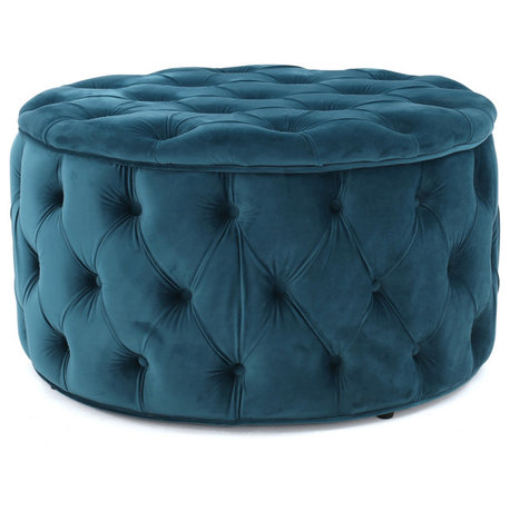 GDF Studio Maelyn Modern Glam Tufted Velvet Round Ottoman, Teal