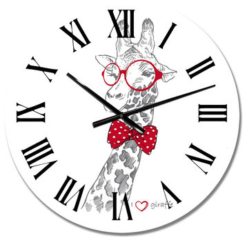 Designart 'Giraffe, Round Red Glasses' Hand Painted Art Wall Clock, White, 23"wx