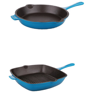 Neo Cast Iron Fry Pan and Grill Set, Blue, 2pc