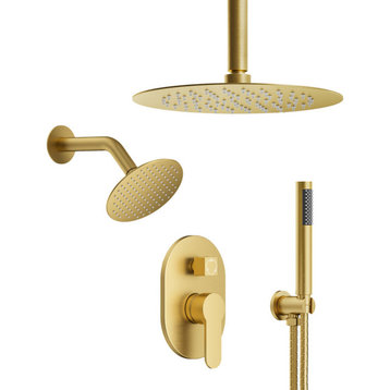 Dual Heads 10" & 6" Rainfall Shower Facuet With Handheld Shower, Brushed Gold
