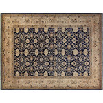 Bareens Designer Rugs - Kafkaz Myra Dark Blue/Tan Area Rug, 10'3"x13'7" - A Persian influenced Turkish hand knotted rug made by skilled artisans capable of creating the most exceptional vegetable dyes and hand-spun New Zealand wool. This gorgeous one of a kind Peshawar Kafkaz handmade rugs is also known as a Chobi Rug. This gorgeous rug is extremely versatile and is famous for its soft pleasing color palette and informal design that works in a myriad of interiors. It has been expertly hand-tied, finished, sun-dried, and can contain up to 1.5 million knots. It takes 4 skilled artisans to hand knot this rug nine to twelve months to complete this piece of art. The invigorating colors and patterns in this rug will give your home an elegant and fresh appearance. While drawing upon the coloring and patterns of antique rugs, contemporary Peshawar pieces incorporate modern design motifs and feature vibrant color tones.