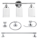 Globe Electric - Freya 5-Piece Chrome All-In-One Bathroom Set - Globe Electric's Freya 5-Piece All-In-One Bathroom Set is a trendy way to update your bathroom with one easy step. With a traditional shape, these pieces complement any space. Complete with a towel bar, towel ring, robe hook, toilet paper holder and 3-light vanity fixture in a glamourous chrome finish with traditionally shaped frosted glass shades, your bathroom will look streamline and welcoming. Connect your vanity fixture to a compatible dimmer switch to create a warm ambiance for a relaxing bath. While the pieces complement each other, you can split this set up and use it throughout your home. The towel bar makes an excellent shoe holder. The towel ring would be great in your kitchen. The vanity light would work in your bedroom. Unleash your interior designer and think creatively. Think outside the box!