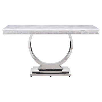 Sofa Table, White Printed Faux Marble and Mirrored Silver Finish