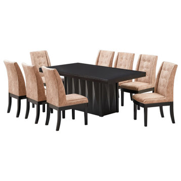9 Piece Dining Set, Cappuccino Wood and Light Brown Fabric, Table and 8 Chairs