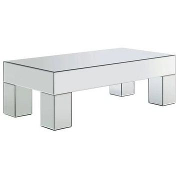 Contemporary Coffee Table, Square Block Legs and Large Top With Mirrored Panels