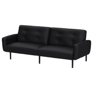Modern Convertible Sofa, Cushioned Seat & Button Tufted Back, Black Faux Leather