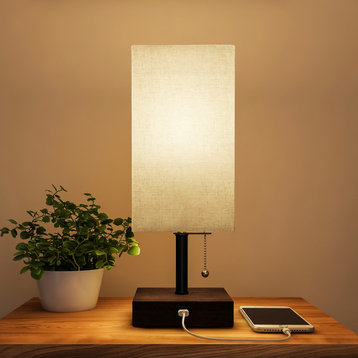 Lavish Home Usb Led Rectangle Lamp With Wood Base