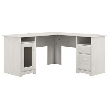 Corner Desk, Large File Drawer and Cabinet With Fluted Glass Door, Linen White O