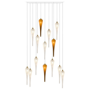 Icicle 14 Blown Glass Chandelier, White, 60", Clear and Honey Glass