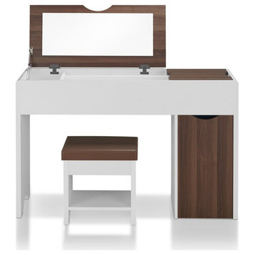 Bowery Hill Contemporary Wood Flip-Top Vanity Table Set in Walnut