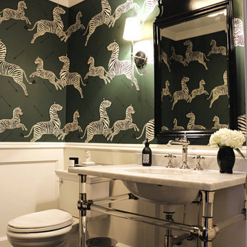 Powder Room with Panel Molding and Scalamandre Wallpaper