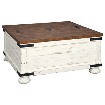 Rustic Coffee Table, Square Design With Inner Storage Space, Distressed White