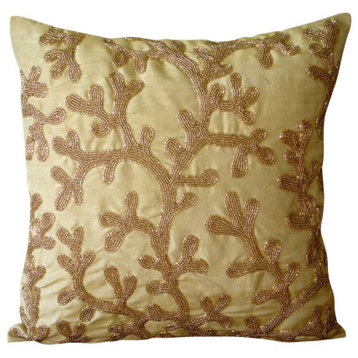 Coral Design Gold Throw Pillows Cover, Art Silk 12x12 Pillow Case, Coral Shine