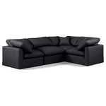 Meridian Furniture - Indulge Upholstered Modular L-Shaped Sectional, Black, 4-Piece: 1 Armless Chair, 3 Corner Chair, Fiber Stuffed Vegan Leather - Unwind in tranquil elegance with the Indulge Vegan Leather Sectional. Imagine sinking into the plush embrace of this lush sectional, crafted from rich, textured black vegan leather that feels soft and inviting against your skin. Overstuffed down feather cushions cradle you in cloud-like comfort, while the solid wood frame provides unwavering support. This modular masterpiece isn't just furniture - it's a blank canvas for creating your dream living space. Arrange the versatile pieces in countless configurations, from a sprawling entertainment zone for movie nights to intimate reading nooks for quiet moments. Indulge in the ultimate comfort, endless possibilities, and timeless elegance.