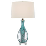 Currey & Company - 6000-0520 Eudoxia Table Lamp, Blue and Clear and Polished Nickel - In the hands of our artisans, molten glass morphs into the luminous Eudoxia Table Lamp made of blue blown glass. The turquoise lamp sits atop a clear optic crystal base. Metal hardware in a polished nickel finish holds the off-white shantung shade, which is held in place by an optic crystal finial.