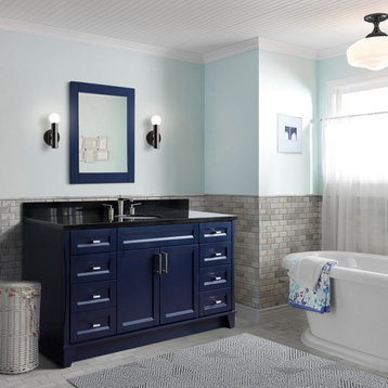 61" Single Sink Vanity, Blue Finish And Black Galaxy Granite And Oval Sink
