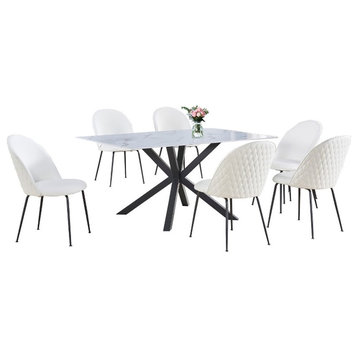 7pc White Marble Wrapped Dining Table with Tempered Glass and White Chairs