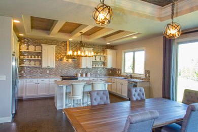 Inspiration for a mid-sized transitional dark wood floor and brown floor great room remodel in Cincinnati with no fireplace and beige walls