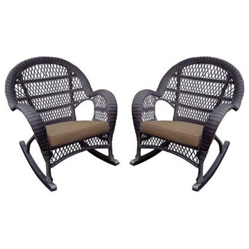Jeco Wicker Rocker Chair in Espresso with Brown Cushion (Set of 2)