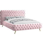 Meridian Furniture - Delano Velvet Upholstered Bed, Pink, Queen - Surround yourself in modern luxury when you add this Delano Pink Velvet Queen Bed to your bedroom oasis. Sumptuous by design, this bed features all-over button tufting for a look that is nothing short of stunning. This dimensional bed features a heavily padded headboard and side rails, each covered in magnificent-to-the-touch pink velvet for a look that's upscale and simply divine. Metal legs on this bed allow easy clearance for vacuuming, and the bed uses just a mattress, so there's no need for a box spring or foundation, which only adds to its sleek look.