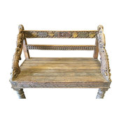 Mogul Interior - Consigned Indian Bench Hand Crafted Floral Rustic Reclaimed Wood Accents - Accent And Storage Benches