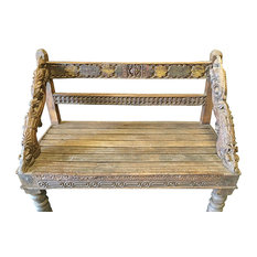 Mogul Interior - Consigned Indian Bench Hand Crafted Floral Rustic Reclaimed Wood Accents - Accent and Storage Benches