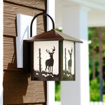 Vaxcel - Bryce 8" Deer Outdoor Wall Light Burnished Bronze - Evoking the spirit of the wilderness, this rustic themed light is clad in a burnished bronze finish and features silhouetted deer imagery atop glowing white tiffany style glass. The classic form of this lamp makes it a great choice for a vacation lodge, cabin or a suburban home - it will complement a variety of home styles: anywhere you want to bring an element of nature. Medium screw base lamping provides maximum light output, and flexibility in bulb choice.