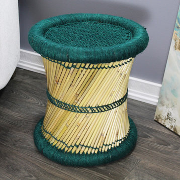 Natural Geo Moray Decorative Handwoven Jute Accent Stool, Set of 2, Teal