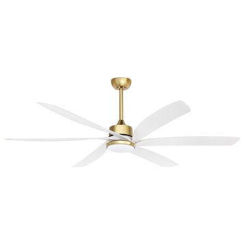 64" Reversible DC Motor Ceiling Fan, Remote Control and Light Kit, White/Gold