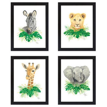 "Safari Littles", Set of 4 Framed Prints, Black, 18"x24"