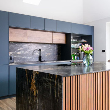 Blue and Oak Handleless Kitchen in Northwood