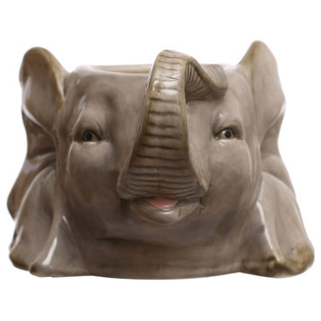 6.75 Inches Round Ceramic Elephant Head Planter, Holds 6 Inches Pot, Gray