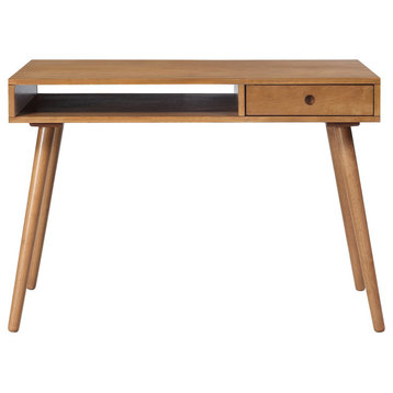 Modern Scandinavian Desk, Angled Legs & Top With Open Compartments, Light Walnut