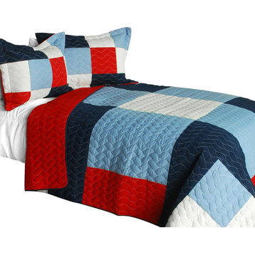 Banneret 3PC Vermicelli-Quilted Patchwork Quilt Set-Full/Queen Size