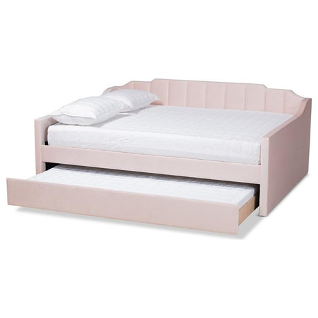 Baxton Studio Lennon Pink Velvet Full Size Daybed with Trundle
