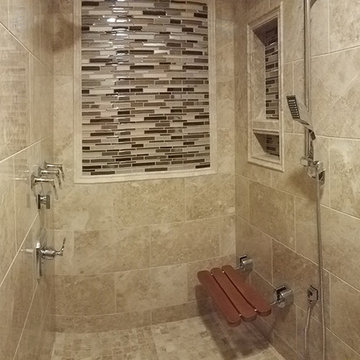 Travertine Tiles and Subway Brown Glass