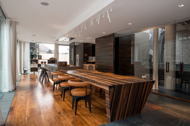 This is an example of a large contemporary single-wall eat-in kitchen in Other with an integrated sink, flat-panel cabinets, dark wood cabinets, solid surface benchtops, stainless steel appliances, dark hardwood floors, with island and grey benchtop.